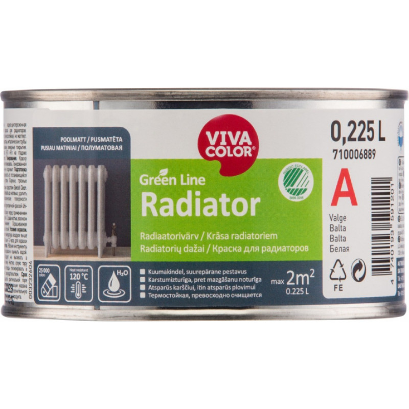 Vivacolor Krāsa radiatoriem Vivacolor Green Line Radiator Pusmatēta A-bāze 0.225L - gab