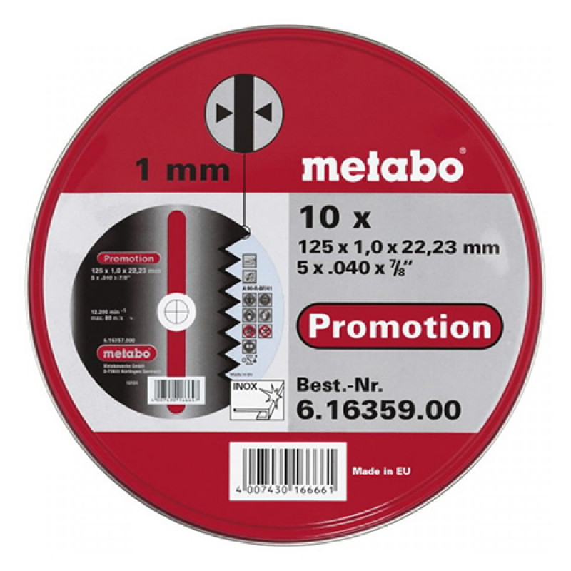 Metabo Griezējdiski tēraudam Metabo 125x1.0x22.23 mm, A60R, 10 gab, 616359000 - gab