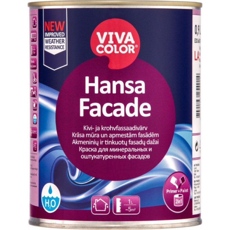 Vivacolor Krāsa mūra un apmestām fasādēm Vivacolor Hansa Facade LC-bāze (Tonējamā krāsa) 0.9L - gab