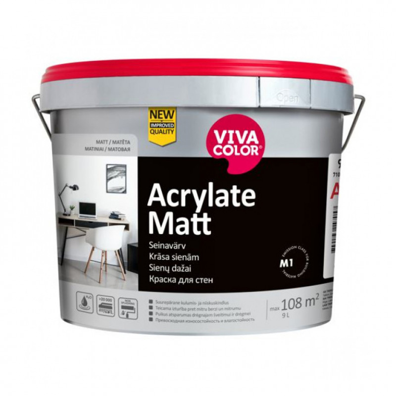 Vivacolor Nodilumizturīga krāsa sienām Vivacolor Acrylate Matt 7 Matēta A-bāze 0.9L - gab