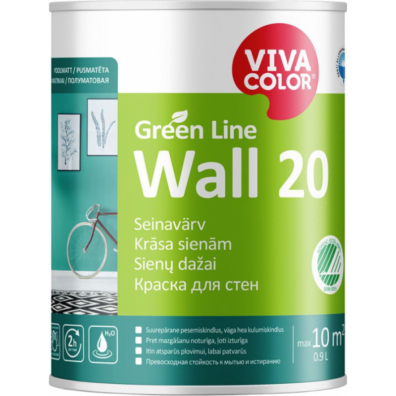 Vivacolor Krāsa sienām Vivacolor Green Line Wall 20 Pusmatēta C-bāze (Tonējamā krāsa) 0.9L - gab