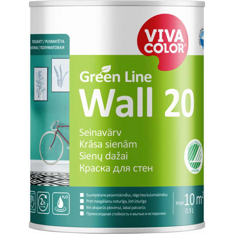 Vivacolor Krāsa sienām Vivacolor Green Line Wall 20 Pusmatēta A-bāze 0.9L - gab