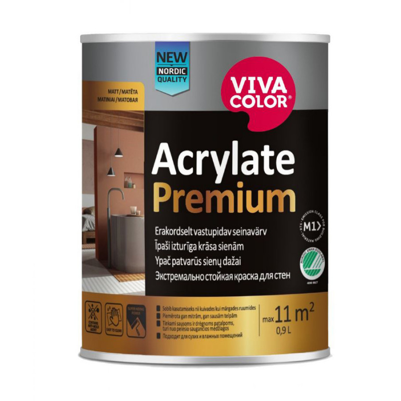 Vivacolor Īpaši izturīga krāsa sienām Vivacolor Acrylate Premium Matēta C-Bāze (Tonējamā krāsa) 0.9L - gab