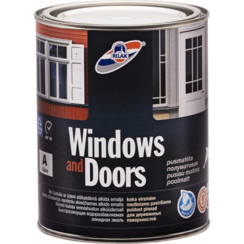 Rilak Alkīda emalja Rilak WINDOWS&DOORS A-Bāze, pusmatēta, 0.9l - gab