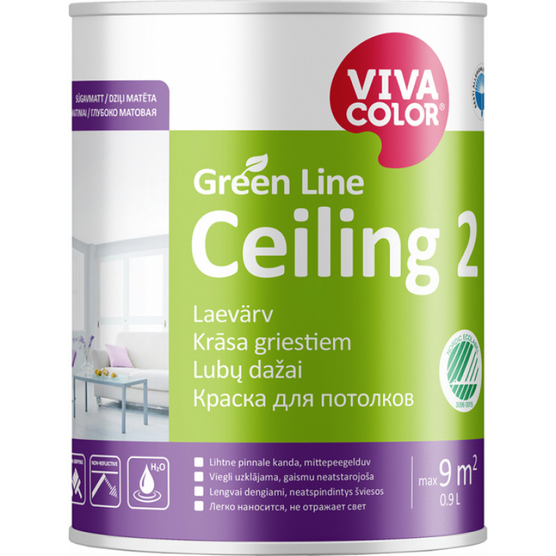 Vivacolor Krāsa griestiem Vivacolor Green Line Ceiling 2 Dziļi matēta A-bāze 0.9L - gab