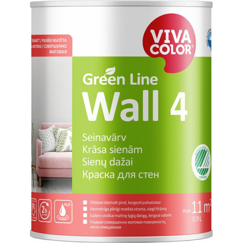 Vivacolor Krāsa sienām Vivacolor Green Line Wall 4 Pilnīgi matēta C-bāze (Tonējamā krāsa) 0.9L - gab