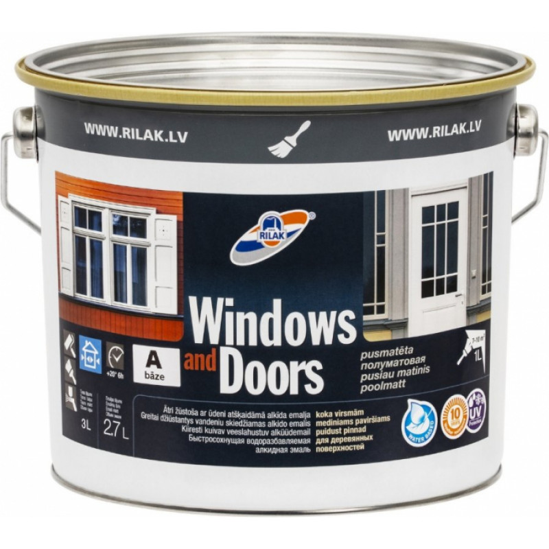 Rilak Alkīda emalja Rilak WINDOWS&DOORS A-Bāze, pusmatēta, 2.7l - gab