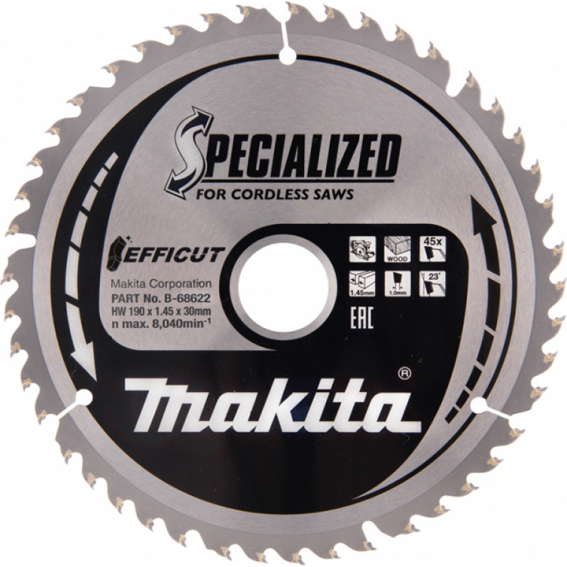 Makita Zāģripa kokam MAKITA EFFICUT 190x30 mm, T45, B-68622 - gab