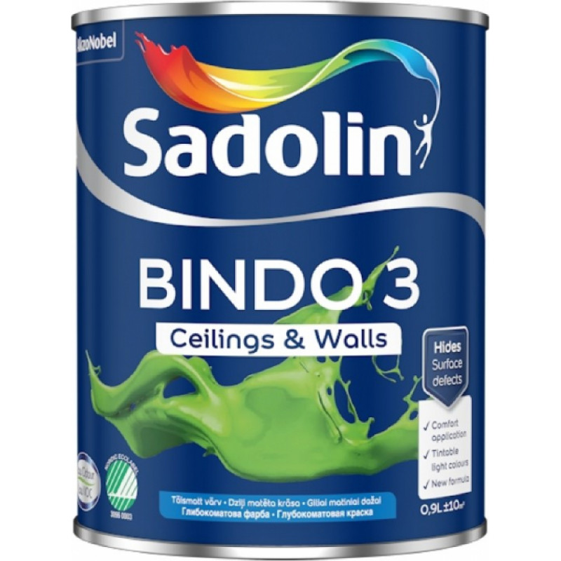 Sadolin Bindo 3 Dziļi matēta krāsa sienām un griestiem BW 0.9L