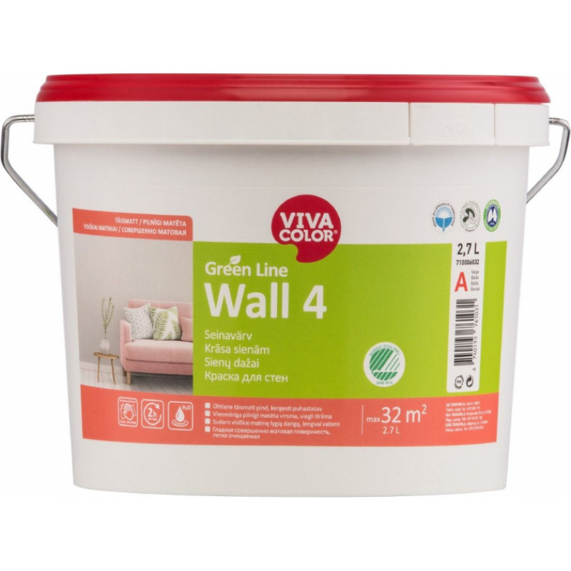 Vivacolor Krāsa sienām Vivacolor Green Line Wall 4 Pilnīgi matēta C-bāze (Tonējamā krāsa) 2.7L - gab