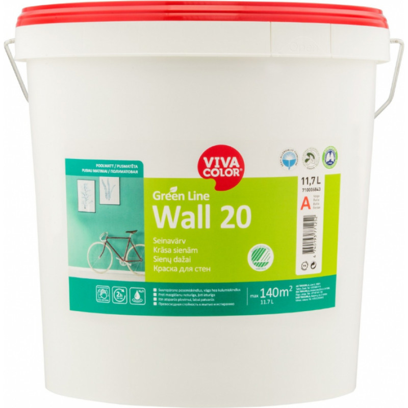 Vivacolor Krāsa sienām Vivacolor Green Line Wall 20 Pusmatēta A-bāze 11.7L - gab