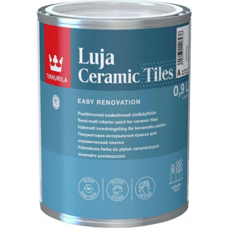 Tikkurila Krāsa flīzēm Tikkurila Luja Ceramic Tiles Pusmatēta C-Bāze (Tonējamā krāsa) 0.9L - gab