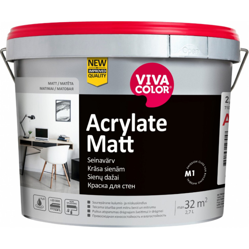 Vivacolor Acrylate Matt A Mitrumizturīga sienas krāsa, matēta 2.7L