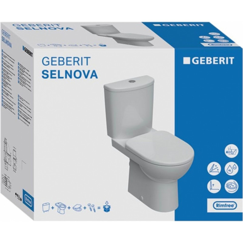 Geberit pods ar SC vāku Selnova Rimfree, horizontāls izvads, pievads no apakšas, balts