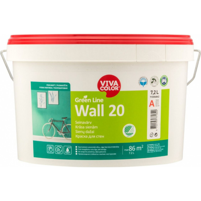 Vivacolor Krāsa sienām Vivacolor Green Line Wall 20 Pusmatēta C-bāze (Tonējamā krāsa) 7.2L - gab