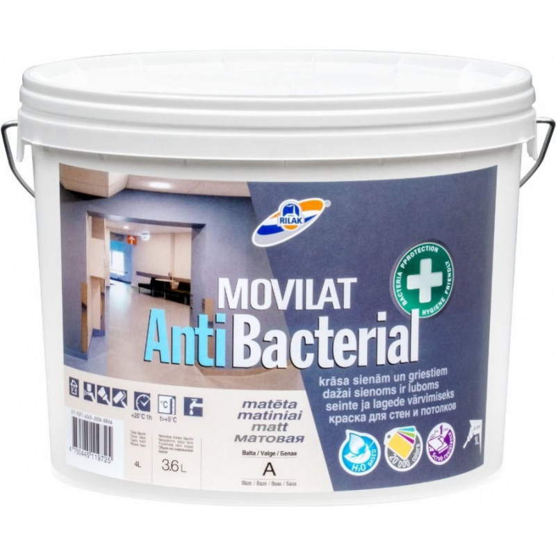 Rilak Krāsa iekšdarbiem RILAK MOVILAT Anti-Bacterial Matēta A-Bāze 3.6L - gab