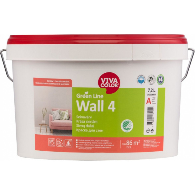 Vivacolor Krāsa sienām Vivacolor Green Line Wall 4 Pilnīgi matēta C-bāze (Tonējamā krāsa) 7.2L - gab