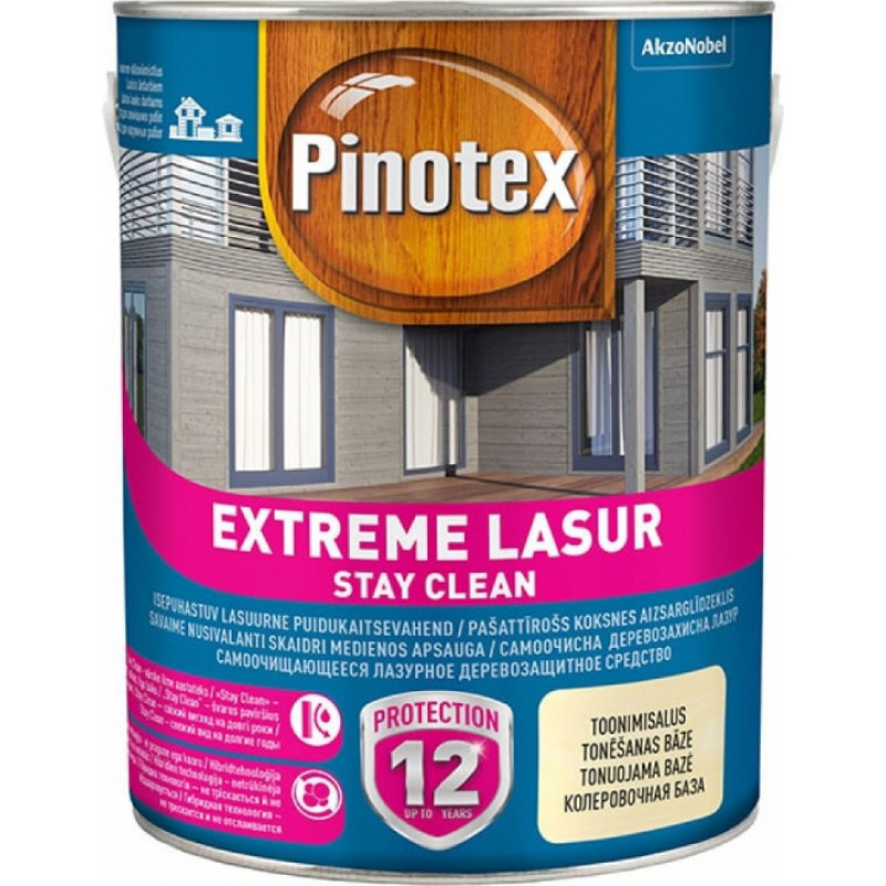 Pinotex Extreme Lasur Lazūras koksnes aizsarglīdzeklis ar pašattīrīšanās spēju, pusspīdīgs, bezkrāsains (tonējamā bāze) 3L