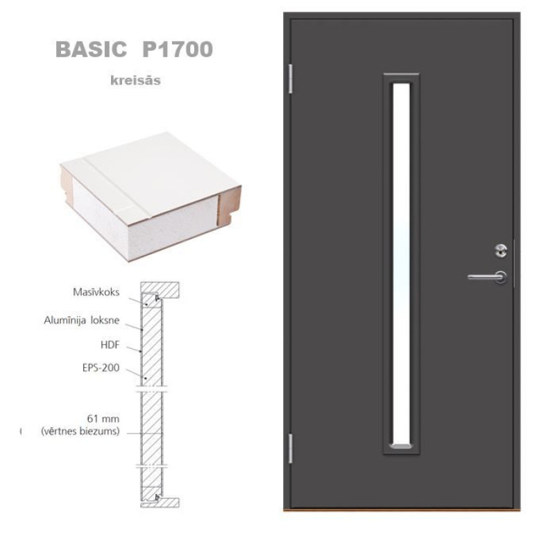 Jeld-Wen Jeldwen Ārdurvis Basic P1700, 988x2080mm ar stiklu, kreisās, pelēkas