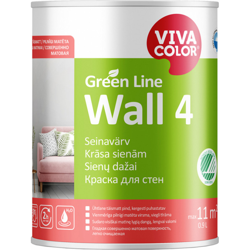 Vivacolor Krāsa sienām Vivacolor Green Line Wall 4 Pilnīgi matēta A-bāze 0.9L - gab