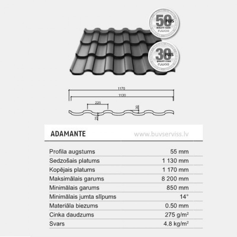 Ruukki Adamante - Jumtu tērauda profils Pārklājuma veids Ruukki 30 Plus Matt (0.5mm)