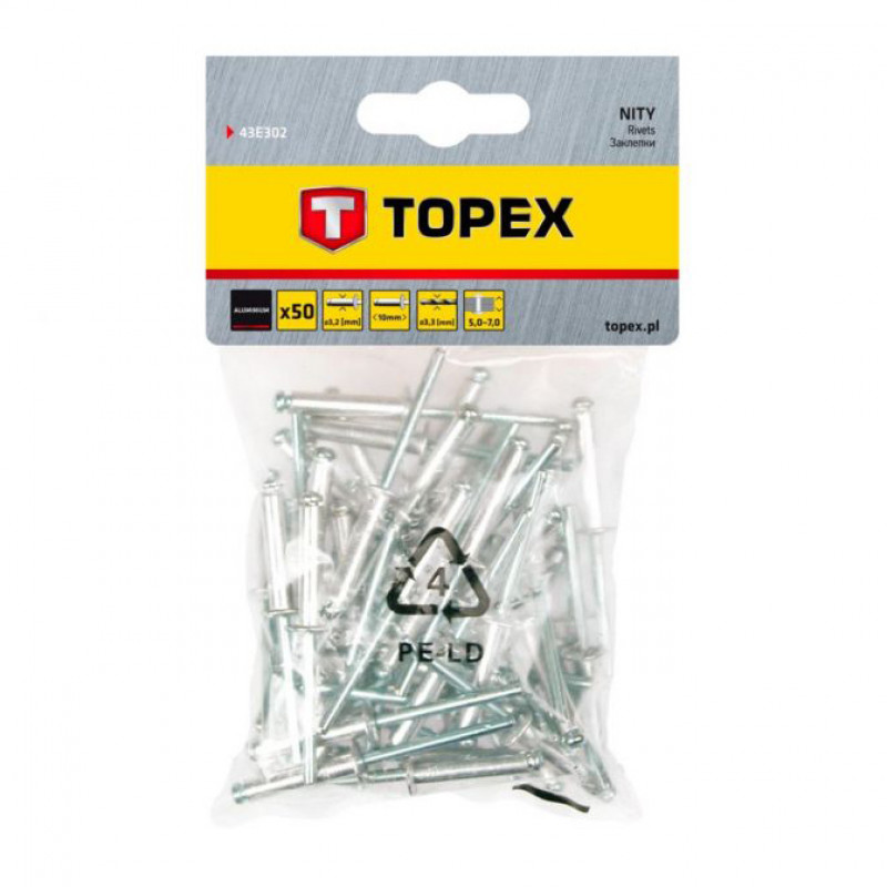 Topex Kniedes Topex, alumīnija, 3.2 x 10 mm, 50 gab. - gab.