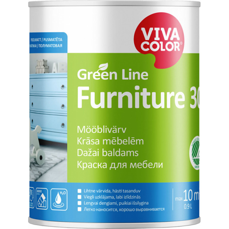 Vivacolor Krāsa mēbelēm Vivacolor Green Line Furniture 30 Pusmatēta A-bāze 0.9L - gab