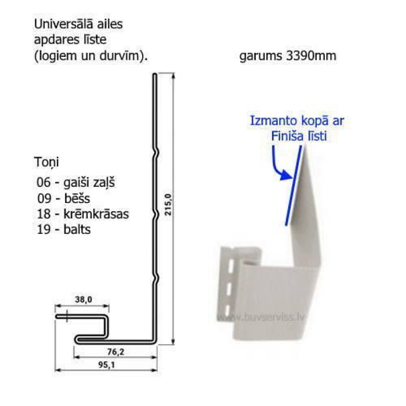 - Universālā ailes apdare (logi, durvis), 3390 mmToņi 06., 09., 18., 19. Izmanto kopā ar finiša līsti.