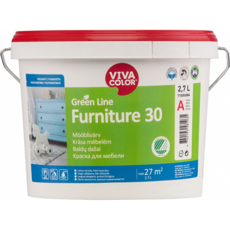 Vivacolor Krāsa mēbelēm Vivacolor Green Line Furniture 30 Pusmatēta A-bāze 2.7L - gab