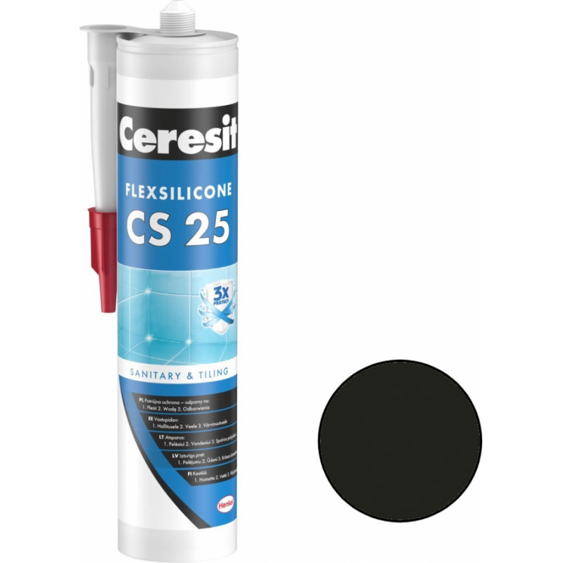 Ceresit CS 25 Sanitārais silikona hermētiķis, 280ml, ogļu melns (18)