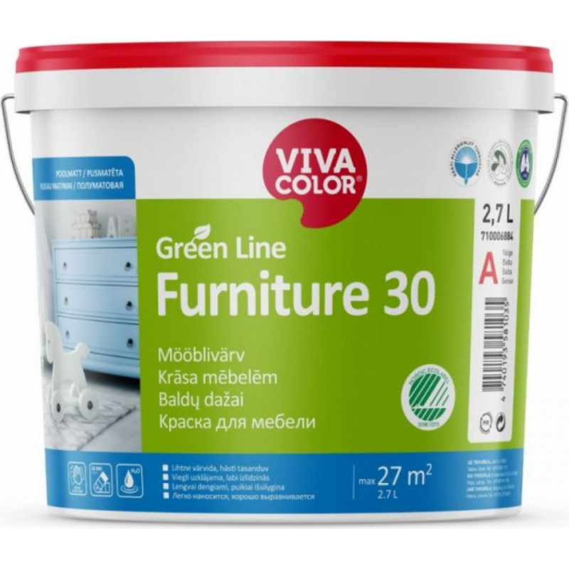 Vivacolor Furniture 30 Krāsa mēbelēm, pusmatēta, bāze A, 2,7L