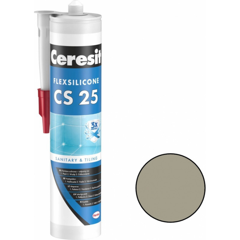 Ceresit CS 25 Sanitārais silikona hermētiķis, 280ml, cementa pelēks (12)