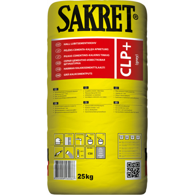 Sakret Cementa-kaļķa apmetums SAKRET CLP PLUS pelēks CSII 25KG - gab