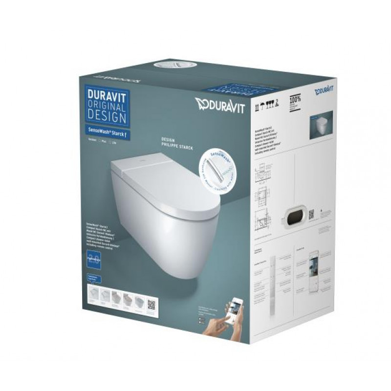 Duravit pods ar vāku Starck f Pro Compact Rimless SensoWash, pie sienas, 375x575 mm, Durafix, balts