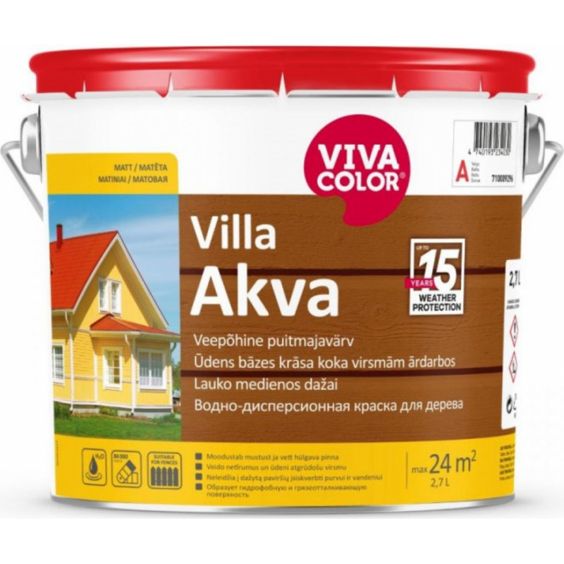 Vivacolor Villa Akva Ūdens bāzes krāsa koka virsmām ārdarbos, matēta, bāze A, 2,7L